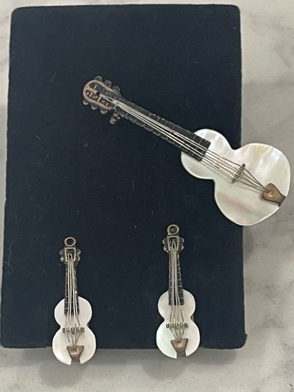 Vintage Mother of Pearl Guitar Brooch Pin & Earrings Set Musical Instrument
